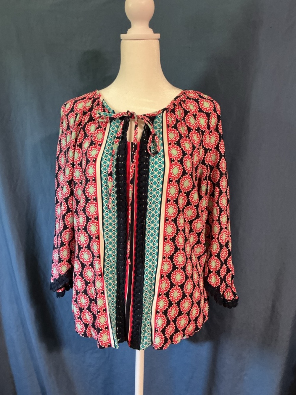 Crown Vintage Pink and Teal Printed Tie-Neck Peasant Blouse
